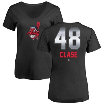 Women's Cleveland Guardians Emmanuel Clase ＃48 Midnight Mascot V-Neck T-Shirt - Black