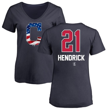 Women's Cleveland Guardians George Hendrick ＃21 Name and Number Banner Wave V-Neck T-Shirt - Navy