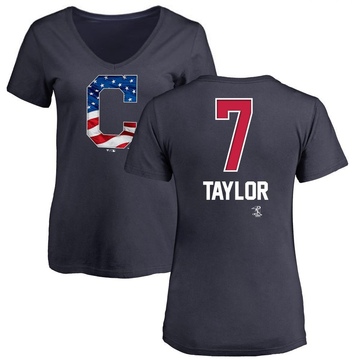 Women's Cleveland Guardians Jake Taylor ＃7 Name and Number Banner Wave V-Neck T-Shirt - Navy