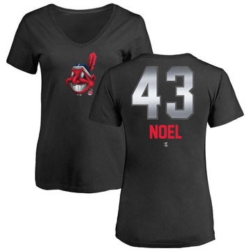 Women's Cleveland Guardians Jhonkensy Noel ＃43 Midnight Mascot V-Neck T-Shirt - Black