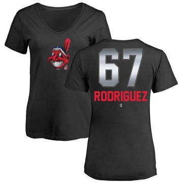 Women's Cleveland Guardians Johnathan Rodriguez ＃67 Midnight Mascot V-Neck T-Shirt - Black