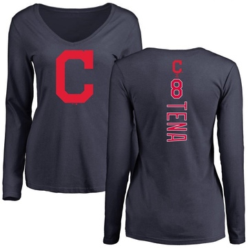 Women's Cleveland Guardians Jose Tena ＃8 Backer Slim Fit Long Sleeve T-Shirt - Navy