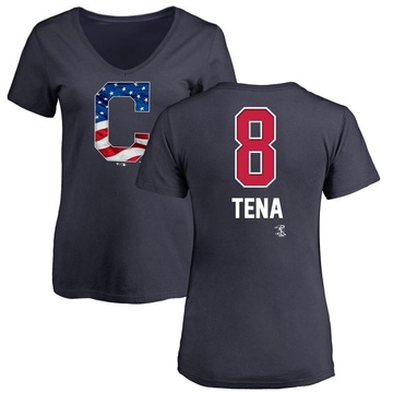 Women's Cleveland Guardians Jose Tena ＃8 Name and Number Banner Wave V-Neck T-Shirt - Navy