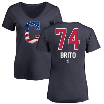 Women's Cleveland Guardians Juan Brito ＃74 Name and Number Banner Wave V-Neck T-Shirt - Navy