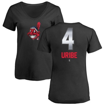 Women's Cleveland Guardians Juan Uribe ＃4 Midnight Mascot V-Neck T-Shirt - Black