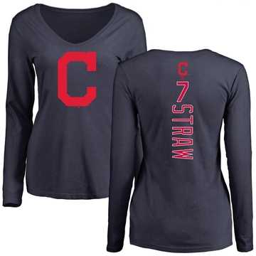 Women's Cleveland Guardians Myles Straw ＃7 Backer Slim Fit Long Sleeve T-Shirt - Navy