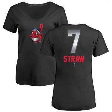 Women's Cleveland Guardians Myles Straw ＃7 Midnight Mascot V-Neck T-Shirt - Black