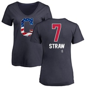 Women's Cleveland Guardians Myles Straw ＃7 Name and Number Banner Wave V-Neck T-Shirt - Navy