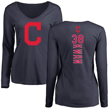 Women's Cleveland Guardians Steven Kwan ＃38 Backer Slim Fit Long Sleeve T-Shirt - Navy