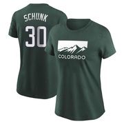 Women's Colorado Rockies Aaron Schunk ＃30 2022 City Connect Name & Number T-Shirt - Green