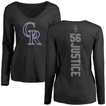 Women's Colorado Rockies Evan Justice ＃56 Backer Slim Fit Long Sleeve T-Shirt - Black