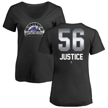 Women's Colorado Rockies Evan Justice ＃56 Midnight Mascot V-Neck T-Shirt - Black