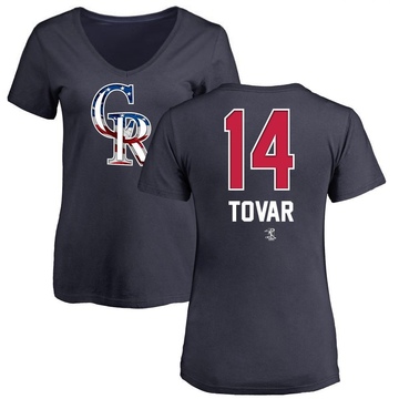 Women's Colorado Rockies Ezequiel Tovar ＃14 Name and Number Banner Wave V-Neck T-Shirt - Navy