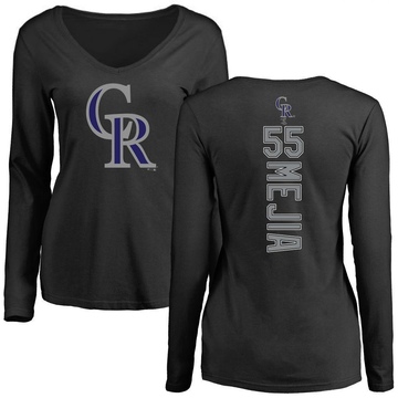 Women's Colorado Rockies Juan Mejia ＃55 Backer Slim Fit Long Sleeve T-Shirt - Black