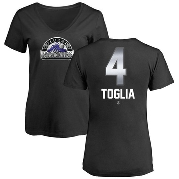 Women's Colorado Rockies Michael Toglia ＃4 Midnight Mascot V-Neck T-Shirt - Black