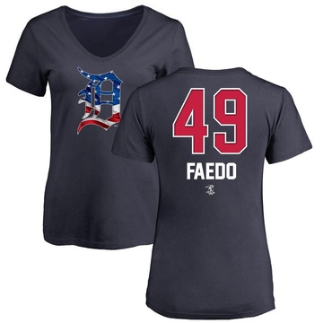 Women's Detroit Tigers Alex Faedo ＃49 Name and Number Banner Wave V-Neck T-Shirt - Navy