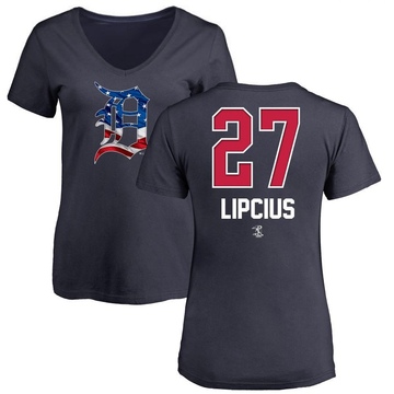 Women's Detroit Tigers Andre Lipcius ＃27 Name and Number Banner Wave V-Neck T-Shirt - Navy