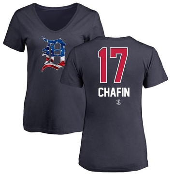 Women's Detroit Tigers Andrew Chafin ＃17 Name and Number Banner Wave V-Neck T-Shirt - Navy