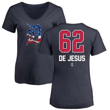 Women's Detroit Tigers Angel De Jesus ＃62 Name and Number Banner Wave V-Neck T-Shirt - Navy