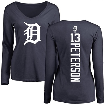 Women's Detroit Tigers Dustin Peterson ＃13 Backer Slim Fit Long Sleeve T-Shirt - Navy