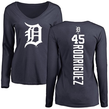 Women's Detroit Tigers Elvin Rodriguez ＃45 Backer Slim Fit Long Sleeve T-Shirt - Navy