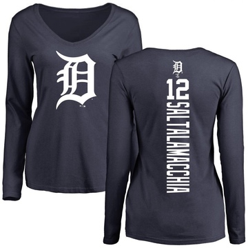 Women's Detroit Tigers Jarrod Saltalamacchia ＃12 Backer Slim Fit Long Sleeve T-Shirt - Navy