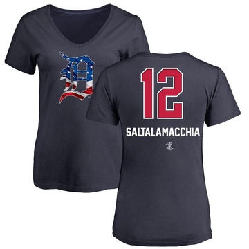 Women's Detroit Tigers Jarrod Saltalamacchia ＃12 Name and Number Banner Wave V-Neck T-Shirt - Navy