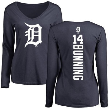 Women's Detroit Tigers Jim Bunning ＃14 Backer Slim Fit Long Sleeve T-Shirt - Navy