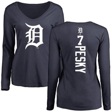 Women's Detroit Tigers Johnny Pesky ＃7 Backer Slim Fit Long Sleeve T-Shirt - Navy