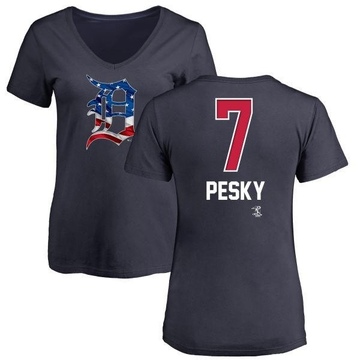 Women's Detroit Tigers Johnny Pesky ＃7 Name and Number Banner Wave V-Neck T-Shirt - Navy