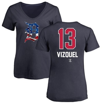 Women's Detroit Tigers Omar Vizquel ＃13 Name and Number Banner Wave V-Neck T-Shirt - Navy