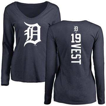 Women's Detroit Tigers Will Vest ＃19 Backer Slim Fit Long Sleeve T-Shirt - Navy