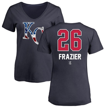 Women's Kansas City Royals Adam Frazier ＃26 Name and Number Banner Wave V-Neck T-Shirt - Navy