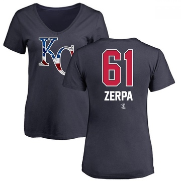 Women's Kansas City Royals Angel Zerpa ＃61 Name and Number Banner Wave V-Neck T-Shirt - Navy