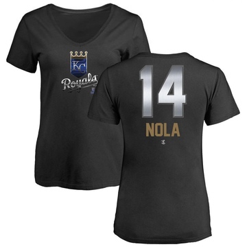 Women's Kansas City Royals Austin Nola ＃14 Midnight Mascot V-Neck T-Shirt - Black