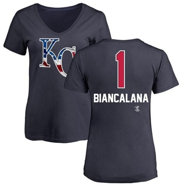 Women's Kansas City Royals Buddy Biancalana ＃1 Name and Number Banner Wave V-Neck T-Shirt - Navy