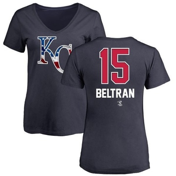 Women's Kansas City Royals Carlos Beltran ＃15 Name and Number Banner Wave V-Neck T-Shirt - Navy