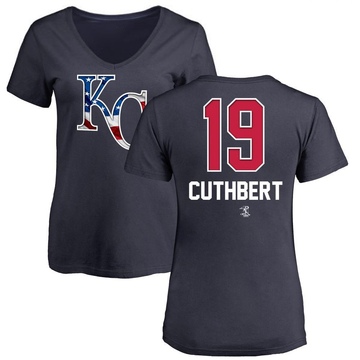 Women's Kansas City Royals Cheslor Cuthbert ＃19 Name and Number Banner Wave V-Neck T-Shirt - Navy