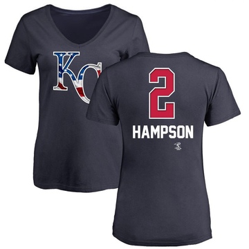 Women's Kansas City Royals Garrett Hampson ＃2 Name and Number Banner Wave V-Neck T-Shirt - Navy