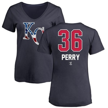 Women's Kansas City Royals Gaylord Perry ＃36 Name and Number Banner Wave V-Neck T-Shirt - Navy
