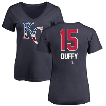 Women's Kansas City Royals Matt Duffy ＃15 Name and Number Banner Wave V-Neck T-Shirt - Navy