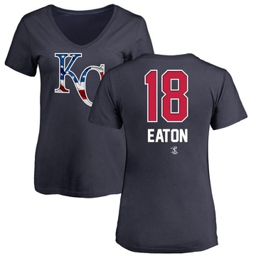 Women's Kansas City Royals Nate Eaton ＃18 Name and Number Banner Wave V-Neck T-Shirt - Navy