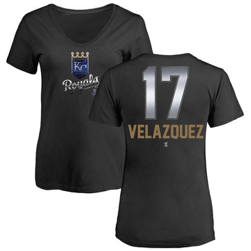 Women's Kansas City Royals Nelson Velazquez ＃17 Midnight Mascot V-Neck T-Shirt - Black