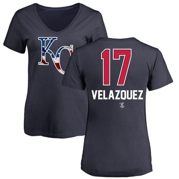 Women's Kansas City Royals Nelson Velazquez ＃17 Name and Number Banner Wave V-Neck T-Shirt - Navy