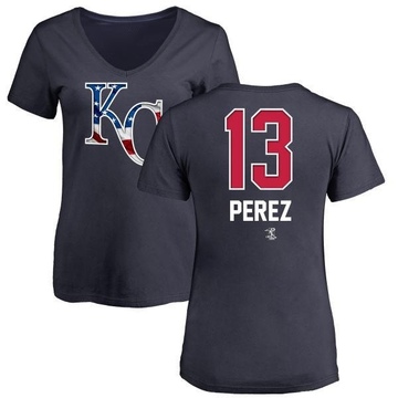 Women's Kansas City Royals Salvador Perez ＃13 Name and Number Banner Wave V-Neck T-Shirt - Navy