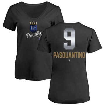 Women's Kansas City Royals Vinnie Pasquantino ＃9 Midnight Mascot V-Neck T-Shirt - Black