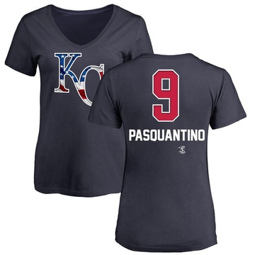 Women's Kansas City Royals Vinnie Pasquantino ＃9 Name and Number Banner Wave V-Neck T-Shirt - Navy