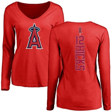 Women's Los Angeles Angels Aaron Hicks ＃12 Backer Slim Fit Long Sleeve T-Shirt - Red