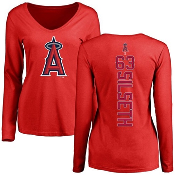 Women's Los Angeles Angels Chase Silseth ＃63 Backer Slim Fit Long Sleeve T-Shirt - Red