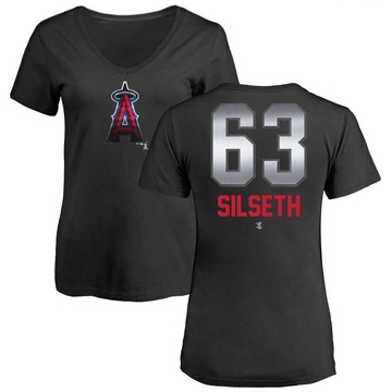 Women's Los Angeles Angels Chase Silseth ＃63 Midnight Mascot V-Neck T-Shirt - Black